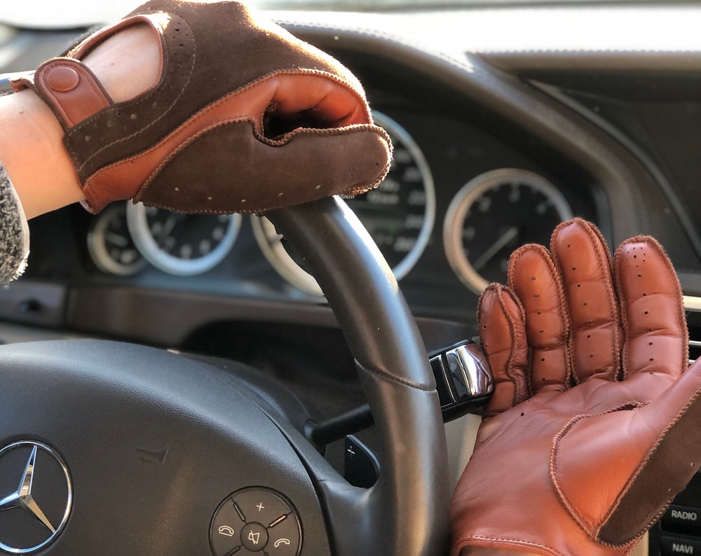 Men's Driving Gloves Brown Suede & Cognac Leather AMBRA ROAD