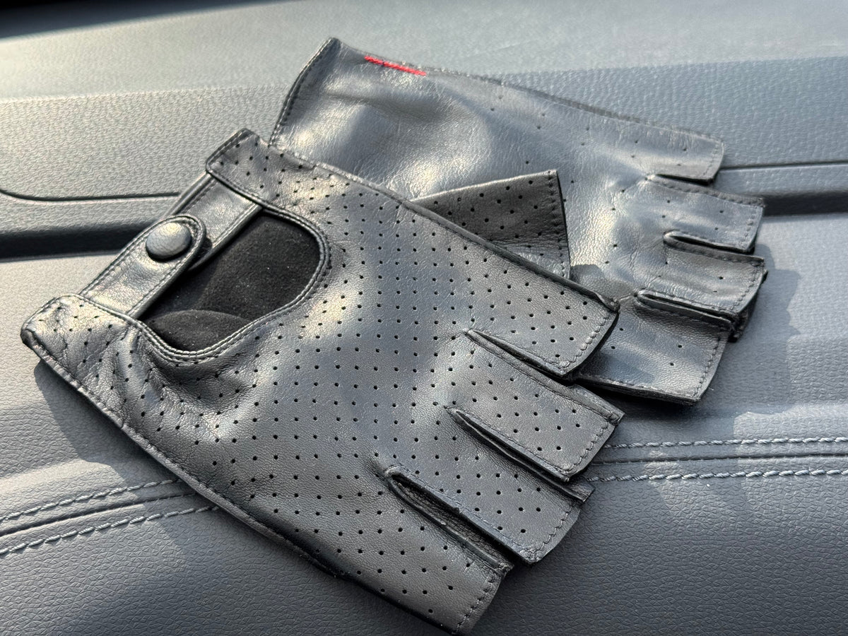 Men's Black Leather Driving Gloves Fingerless Noire