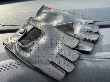 Men's Black Leather Driving Gloves Fingerless Noire