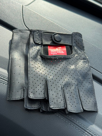Men's Black Leather Driving Gloves Fingerless Noire
